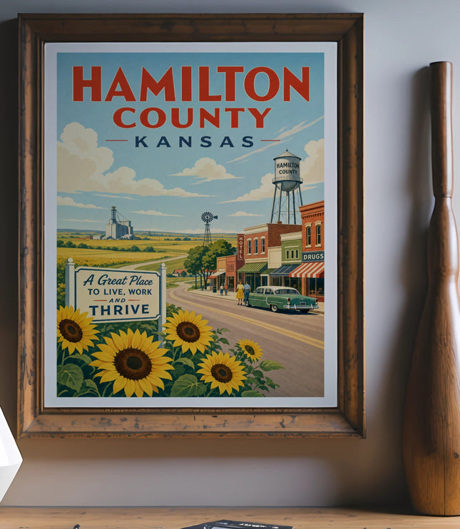 Vintage Hamilton County Kansas travel poster with sunflowers and classic car.