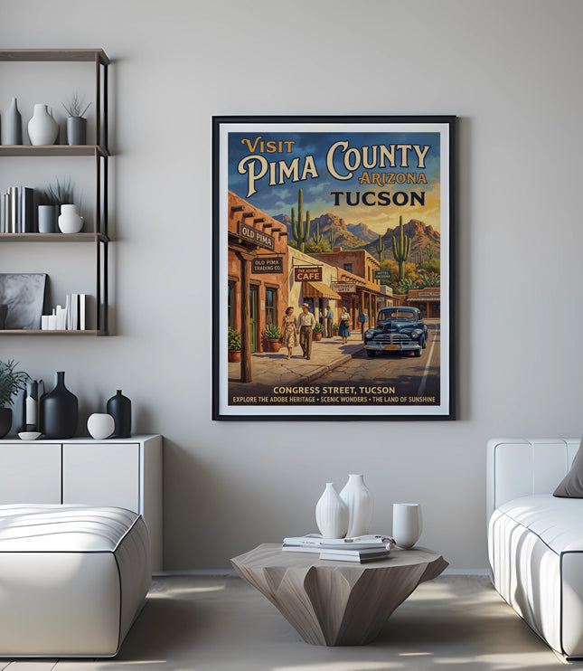 Vintage poster for Pima County, Arizona, featuring Tucson street scene with cacti and vintage car.