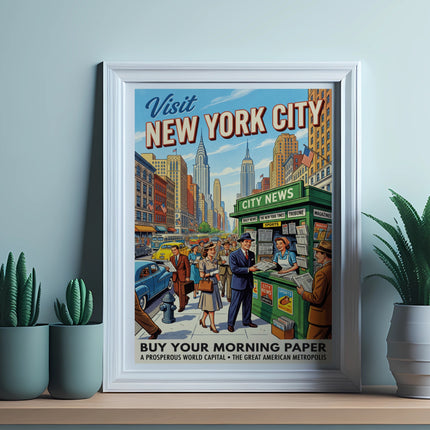 Vintage New York City poster with street scene and newspaper stand.