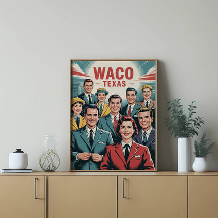 Group portrait of smiling men and women with "Waco, Texas" banner above them.