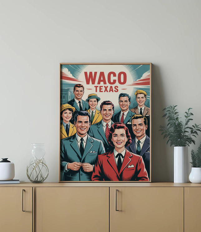 Group portrait of smiling men and women with "Waco, Texas" banner above them.