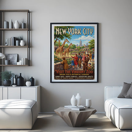 New York City vintage travel poster featuring the Bronx Zoo and Botanical Gardens.