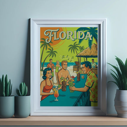 Retro illustration of people enjoying drinks at a Florida beach bar.