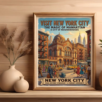 Vintage "Visit New York City" poster with historic synagogue and bustling street scene.