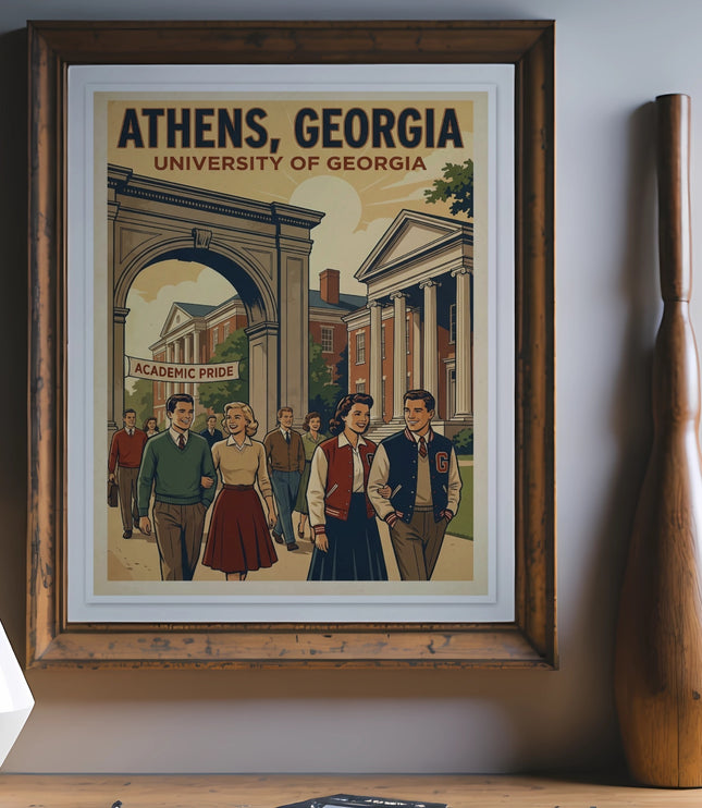 University of Georgia academic pride poster featuring students walking under an archway.