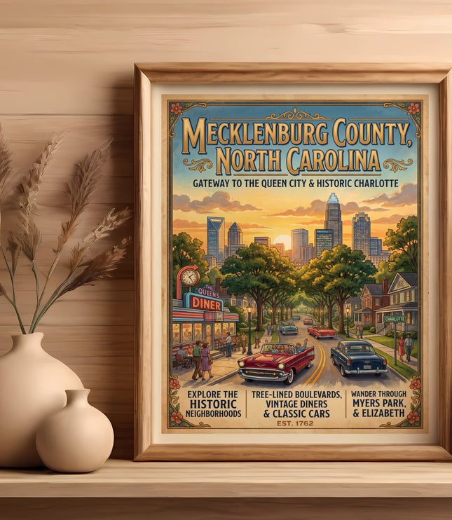Mecklenburg County, North Carolina vintage travel poster with skyline and diner.