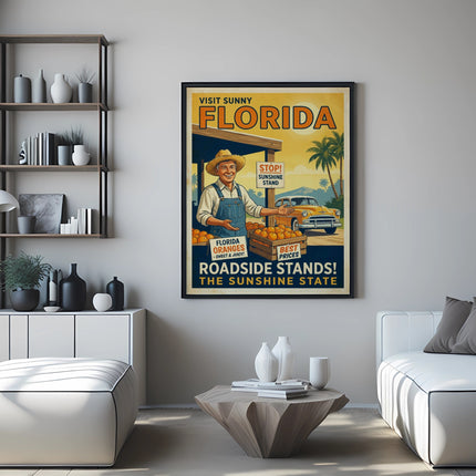 Vintage Florida roadside stand poster with oranges and a classic car.