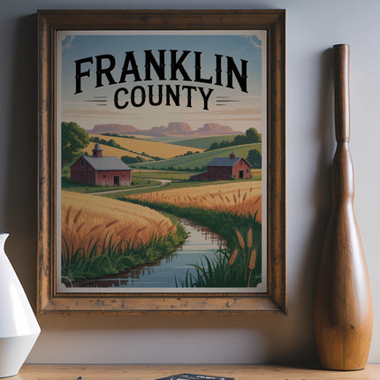 Vintage Franklin County travel poster with barns and wheat fields.