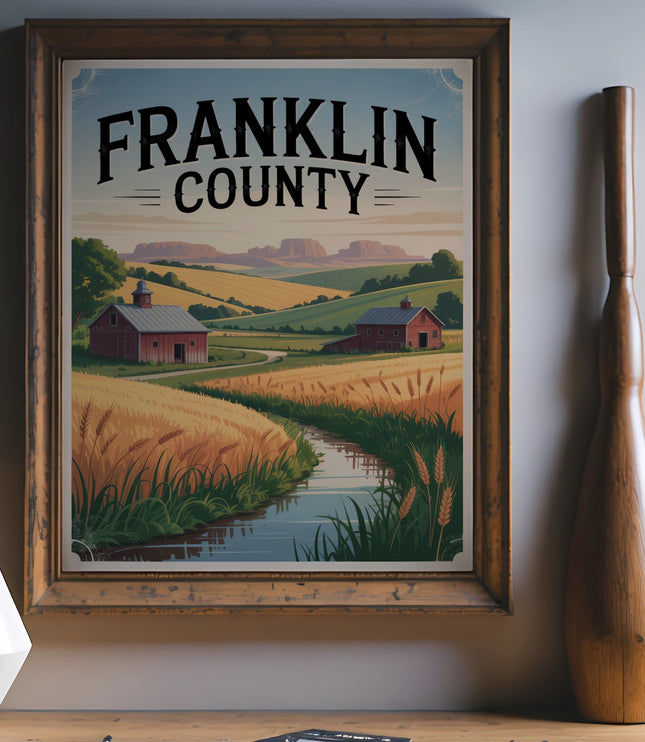 Vintage Franklin County travel poster with barns and wheat fields.