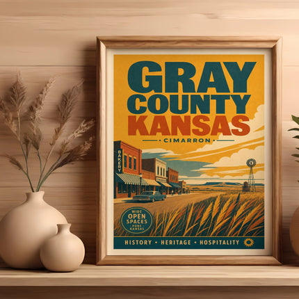 Framed poster of Cimarron, Kansas, with "Gray County" and "Wide Open Spaces" text.