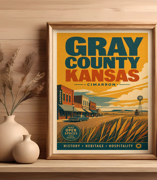 Framed poster of Cimarron, Kansas, with "Gray County" and "Wide Open Spaces" text.