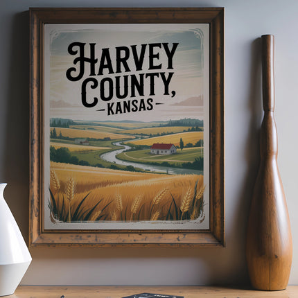 Framed artwork of a rural Harvey County, Kansas landscape with text.