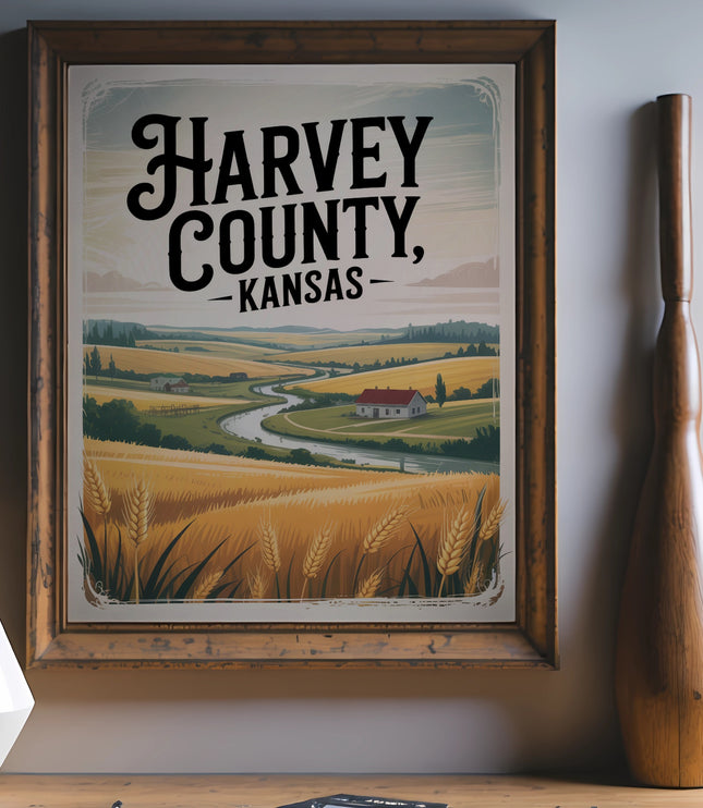 Framed artwork of a rural Harvey County, Kansas landscape with text.