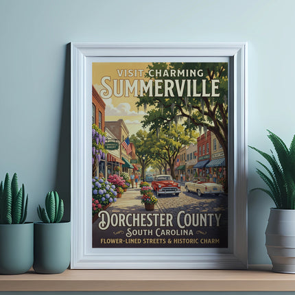 Vintage poster for Summerville, Dorchester County, South Carolina, featuring flower-lined streets.
