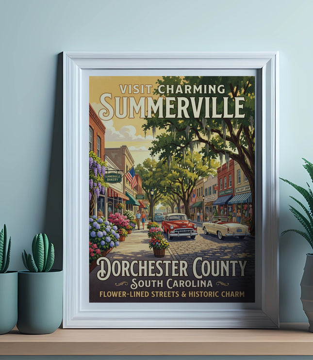 Vintage poster for Summerville, Dorchester County, South Carolina, featuring flower-lined streets.