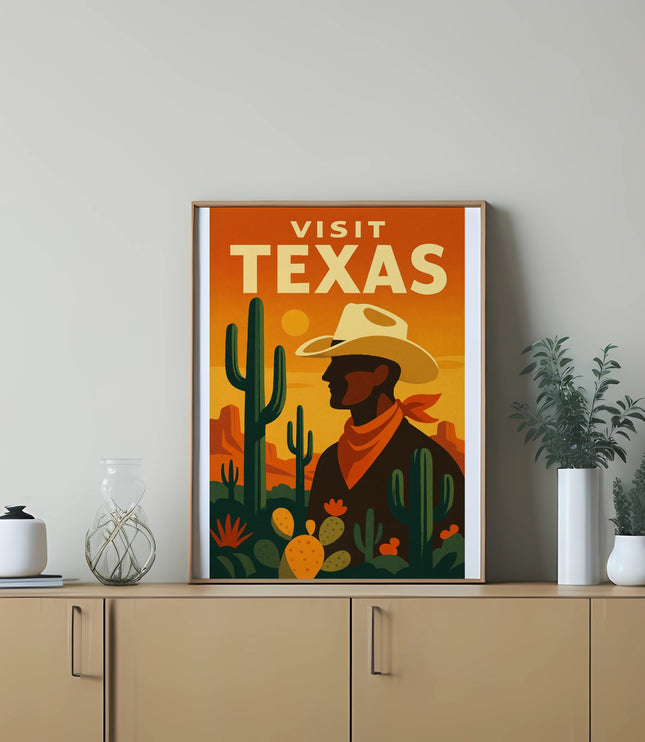 Vintage "Visit Texas" poster featuring a cowboy silhouette and desert landscape.