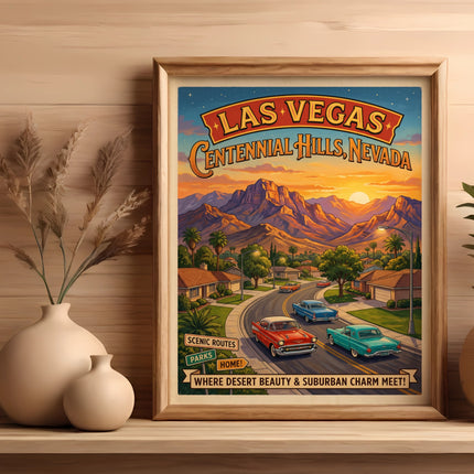 Las Vegas Centennial Hills, Nevada vintage poster with classic cars and desert mountains.