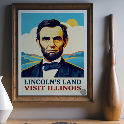 Lincoln's Land Visit Illinois poster with Abraham Lincoln portrait and landscape.