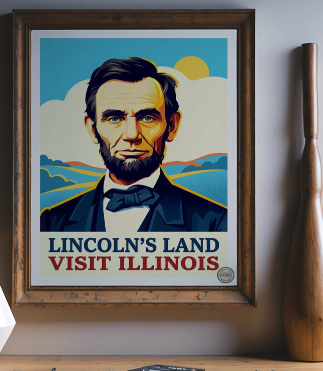 Lincoln's Land Visit Illinois poster with Abraham Lincoln portrait and landscape.