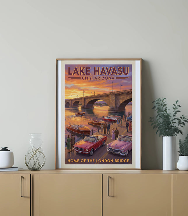 Artwork depicting Lake Havasu City, Arizona, with the London Bridge, boats, and classic cars.