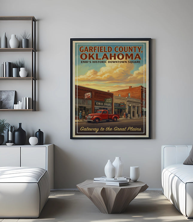 Garfield County, Oklahoma Enid's Historic Downtown Square poster with red truck.