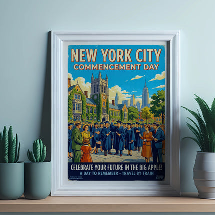 New York City Commencement Day poster with graduates and city skyline.