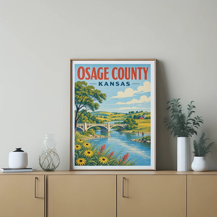 Osage County Kansas landscape poster with river, bridge, and flowers.