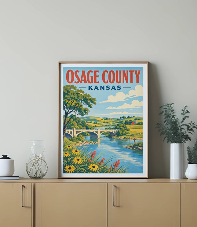 Osage County Kansas landscape poster with river, bridge, and flowers.