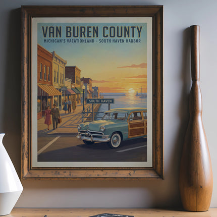 Vintage poster of Van Buren County, Michigan, showing South Haven harbor.