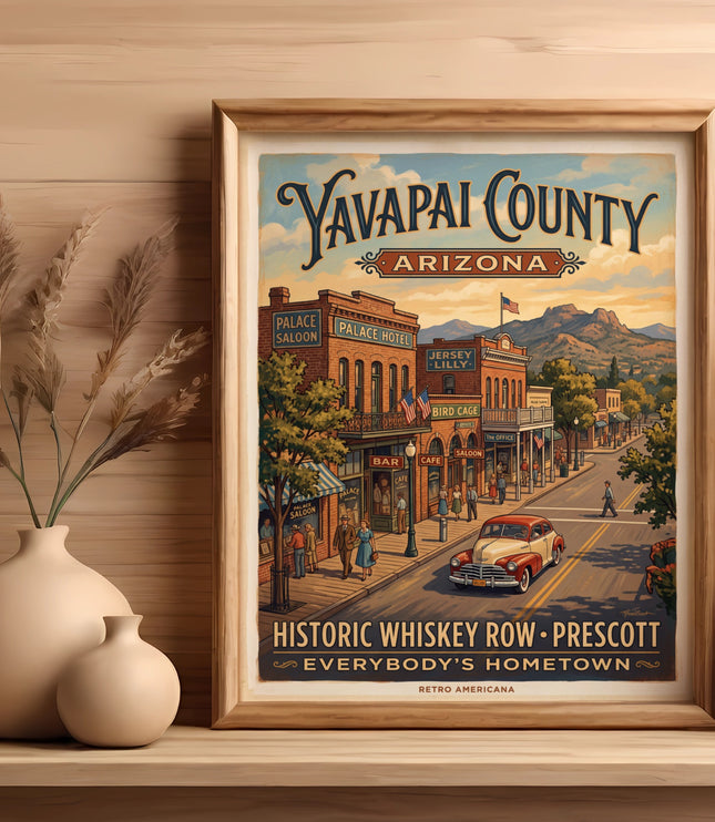Yavapai County Arizona retro poster showing Whiskey Row in Prescott.