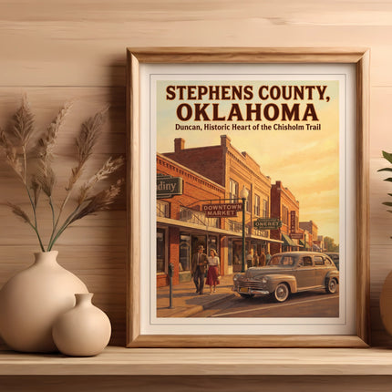 Stephens County, Oklahoma artwork depicting Duncan and the Chisholm Trail.