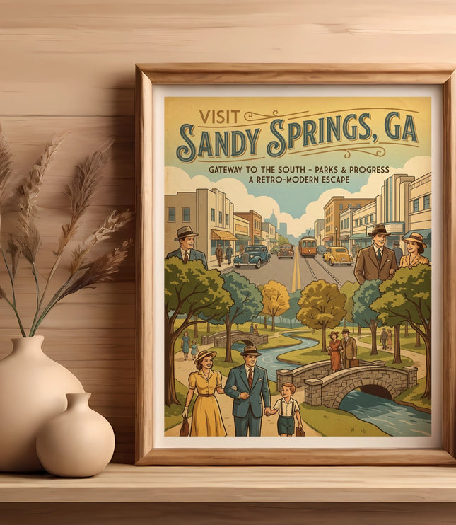 Retro travel poster of Sandy Springs, GA, featuring a town scene and park with people.