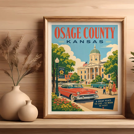 Vintage poster of Osage County, Kansas, featuring a red car and the courthouse.