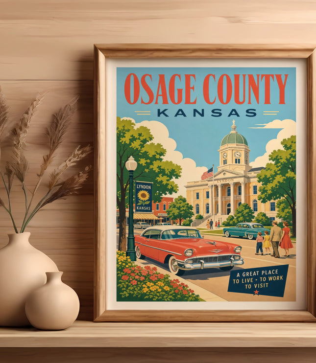 Vintage poster of Osage County, Kansas, featuring a red car and the courthouse.