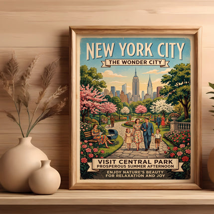 New York City Central Park summer afternoon poster with text.