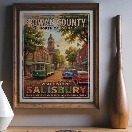 Vintage style poster of Rowan County, North Carolina, featuring Salisbury trolley and historic buildings.