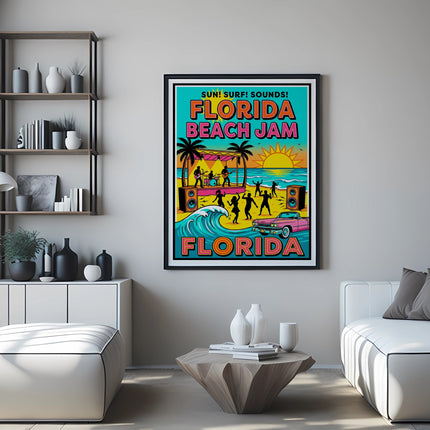 Florida Beach Jam concert poster with people dancing and a classic car.