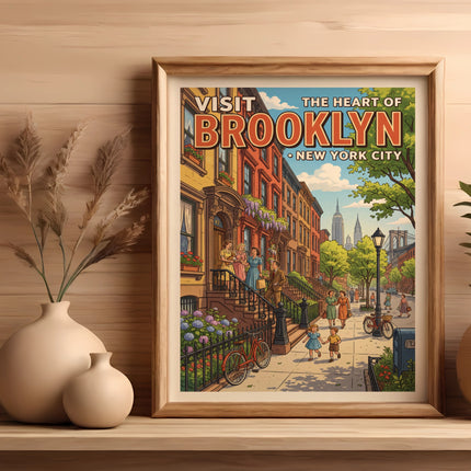 Framed "Visit Brooklyn, New York City" poster depicting a street scene with buildings and people.