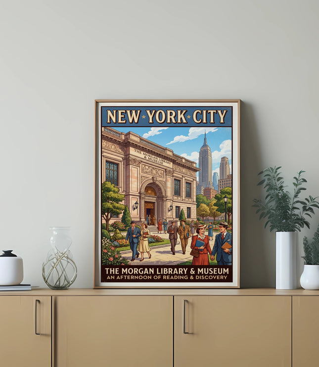 Poster of New York City, Morgan Library & Museum, with Empire State Building and people.