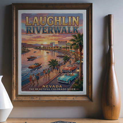 Laughlin Riverwalk poster showing boats, cars, and buildings along the Colorado River at sunset.