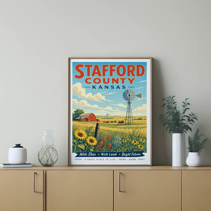 Stafford County, Kansas poster with windmill, sunflowers, and farm.