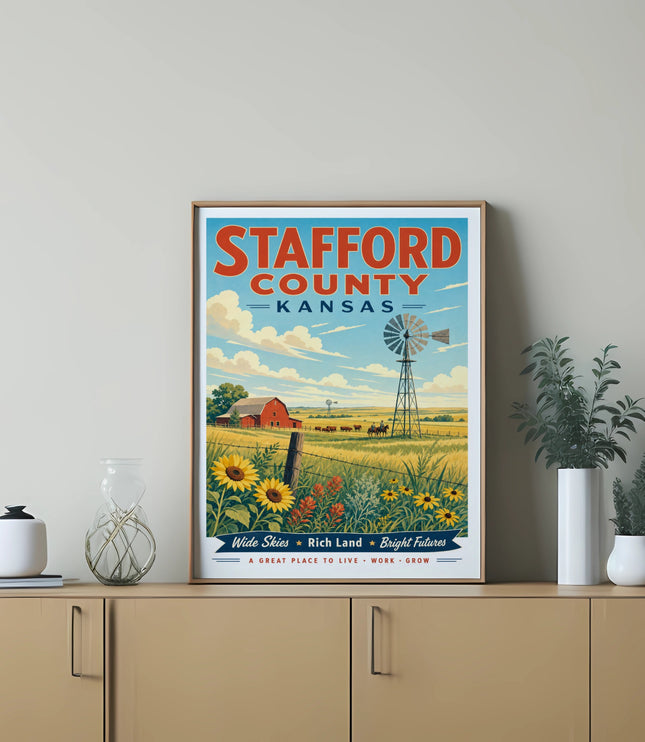 Stafford County, Kansas poster with windmill, sunflowers, and farm.