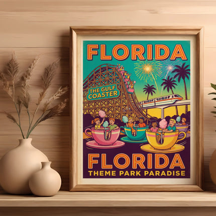 Framed "Florida The Gulf Coast Roller Coaster Theme Park Paradise" poster with colorful ride and fireworks.