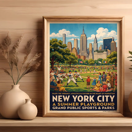 New York City summer playground poster with people playing sports in a park.