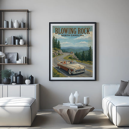 Vintage poster of Blowing Rock, North Carolina with convertible on mountain road.