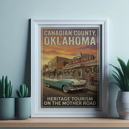 Poster for Canadian County, Oklahoma featuring El Reno Diner, Route 66, and a classic car.