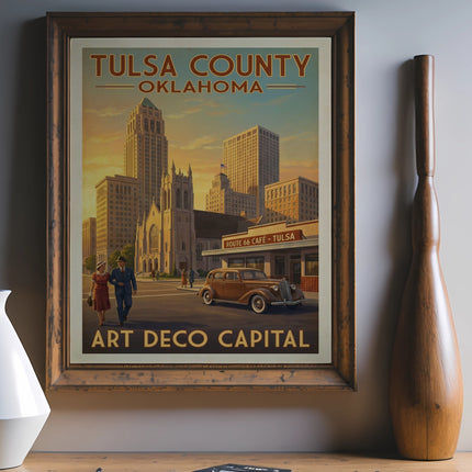 Vintage travel poster featuring Tulsa, Oklahoma skyline with Route 66 Cafe.