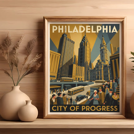 Art deco poster of Philadelphia skyline, with text "City of Progress".