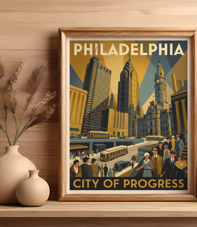 Art deco poster of Philadelphia skyline, with text "City of Progress".