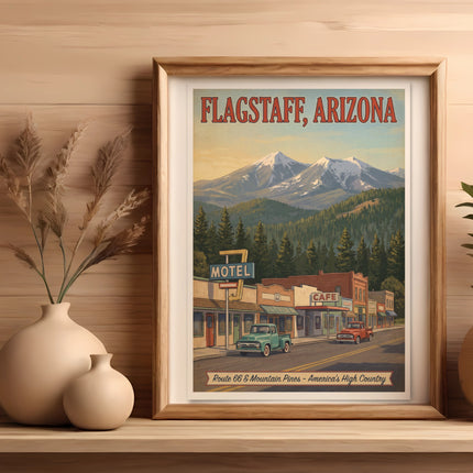 Framed vintage poster of Flagstaff, Arizona, Route 66, and mountains.
